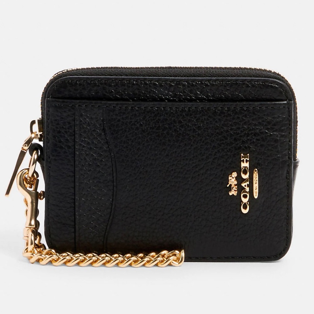 NWT COACH Zip Card Case Wallet Leather Black/Gold